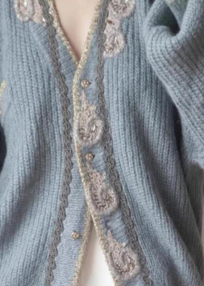 Art Blue Embroidered Button Knit Cardigans Spring Ty025
