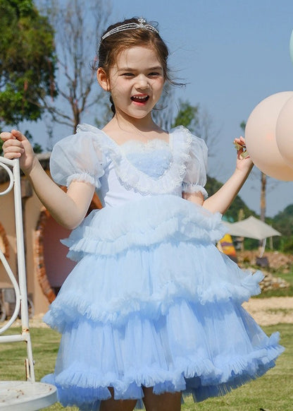 Art Blue O-neck Ruffled Tulle Kids Maxi Dresses Short Sleeve Ew026