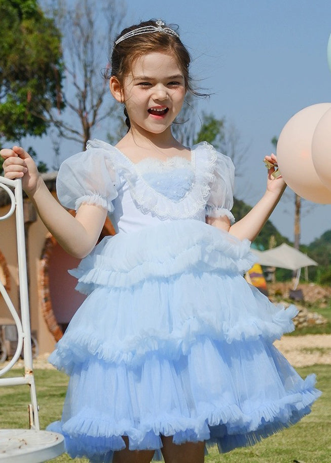 Art Blue O-neck Ruffled Tulle Kids Maxi Dresses Short Sleeve Ew026