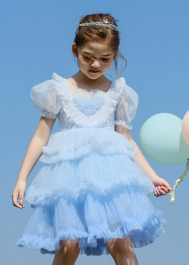 Art Blue O-neck Ruffled Tulle Kids Maxi Dresses Short Sleeve Ew026