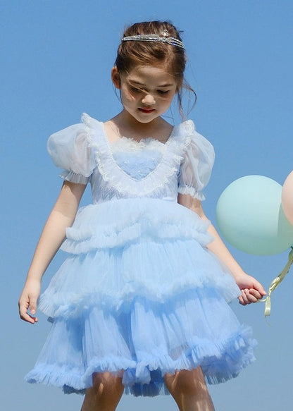 Art Blue O-neck Ruffled Tulle Kids Maxi Dresses Short Sleeve Ew026