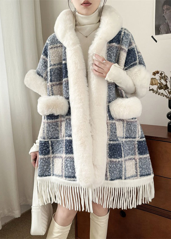 Art Blue Plaid Hooded Pockets Warm Fleece Cape Coat Spring Yw006