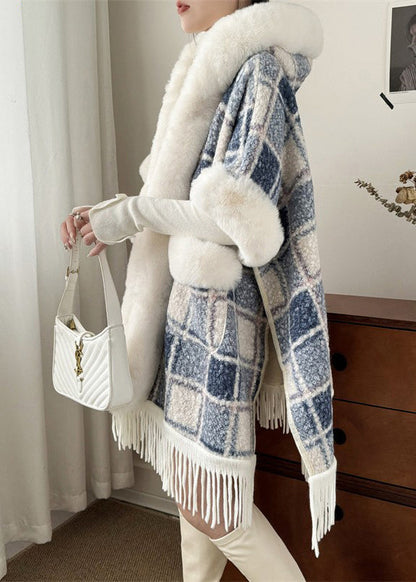 Art Blue Plaid Hooded Pockets Warm Fleece Cape Coat Spring Yw006