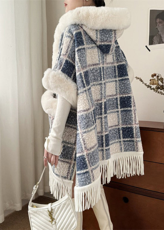 Art Blue Plaid Hooded Pockets Warm Fleece Cape Coat Spring Yw006