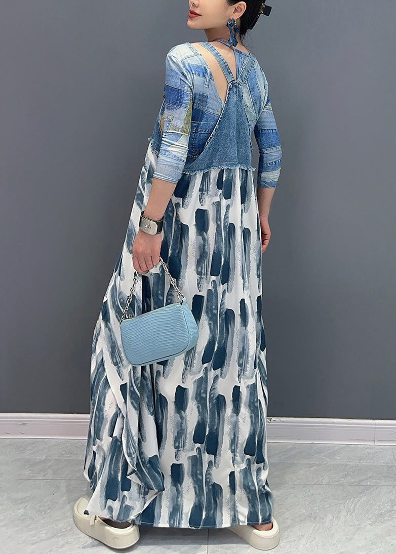 Art Blue Print Pockets Patchwork Long Dress Sleeveless Ar1034