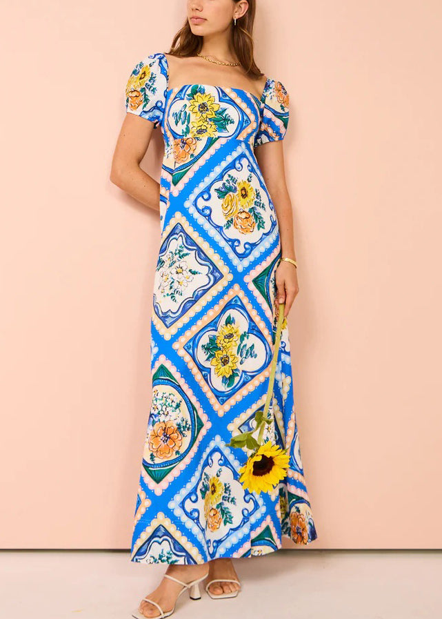 Art Blue Square Collar Print Linen Long Dresses Summer Ff082