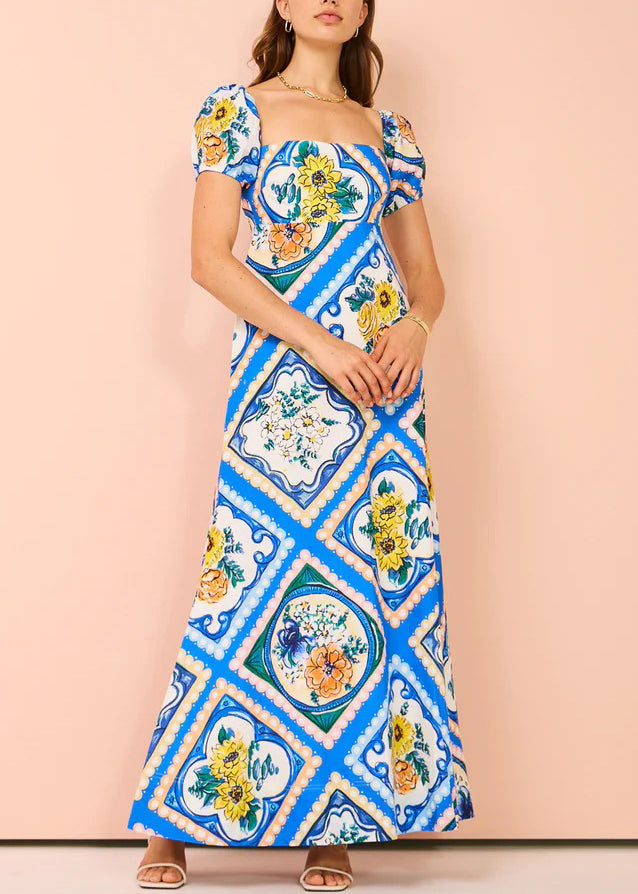 Art Blue Square Collar Print Linen Long Dresses Summer Ff082