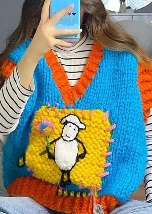 Art Blue V Neck Patchwork Cotton Knit Waistcoat Fall Wy019