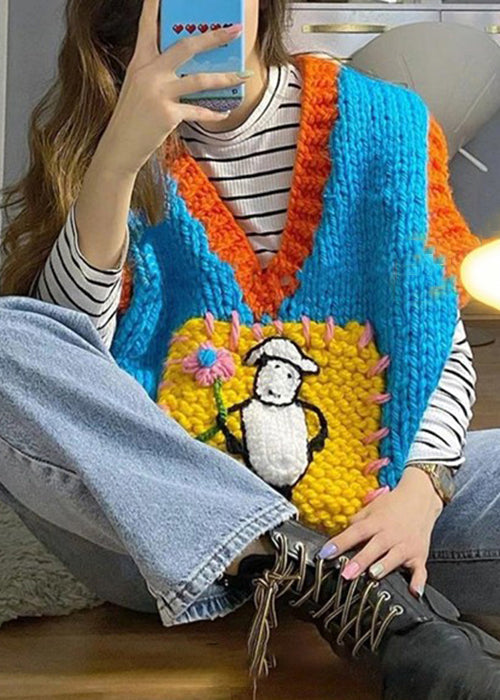 Art Blue V Neck Patchwork Cotton Knit Waistcoat Fall Wy019
