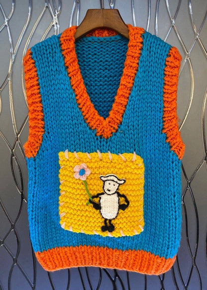 Art Blue V Neck Patchwork Cotton Knit Waistcoat Fall Wy019