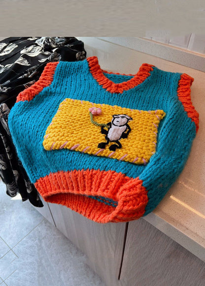 Art Blue V Neck Patchwork Cotton Knit Waistcoat Fall Wy019