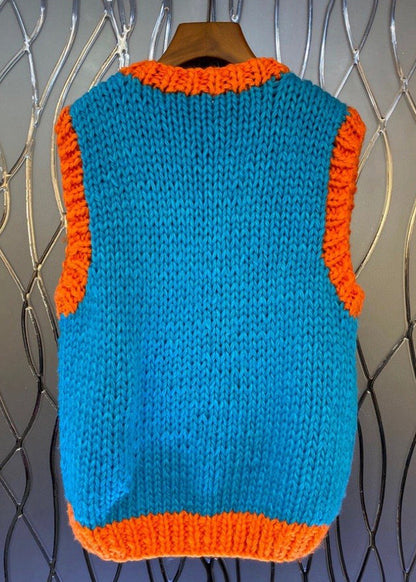 Art Blue V Neck Patchwork Cotton Knit Waistcoat Fall Wy019