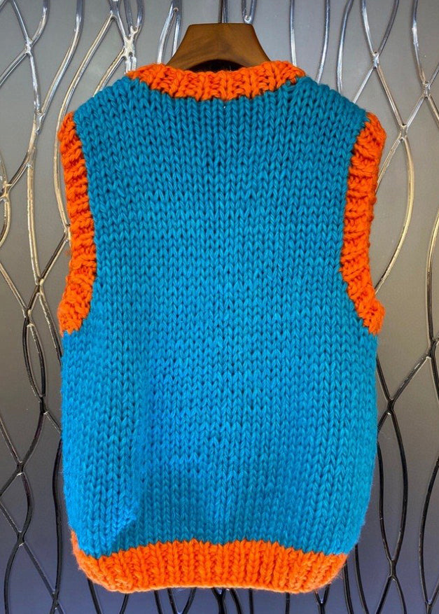 Art Blue V Neck Patchwork Cotton Knit Waistcoat Fall Wy019