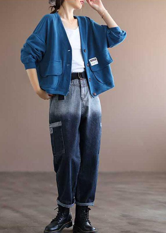 Art Blue V Neck Pockets Button Fall Long Sleeve Coat Qs048