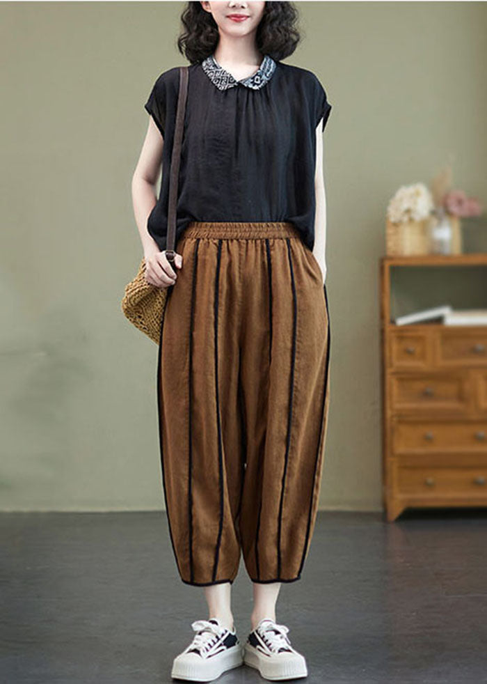 Art Coffee Elastic Waist Oversized Patchwork Linen Harem Pants Summer Ly0654