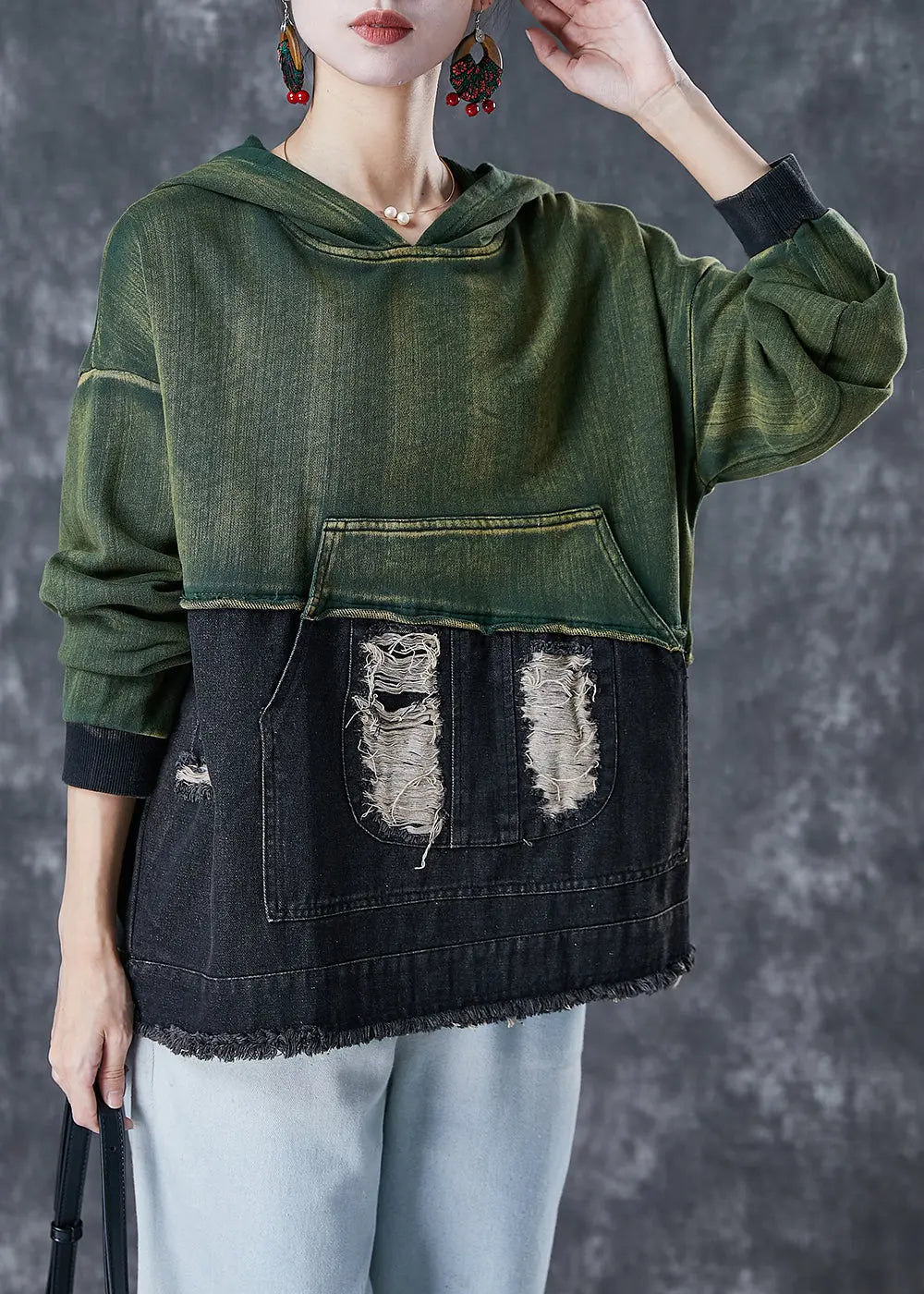 Hooded Cotton Ripped Sweatshirt Fall