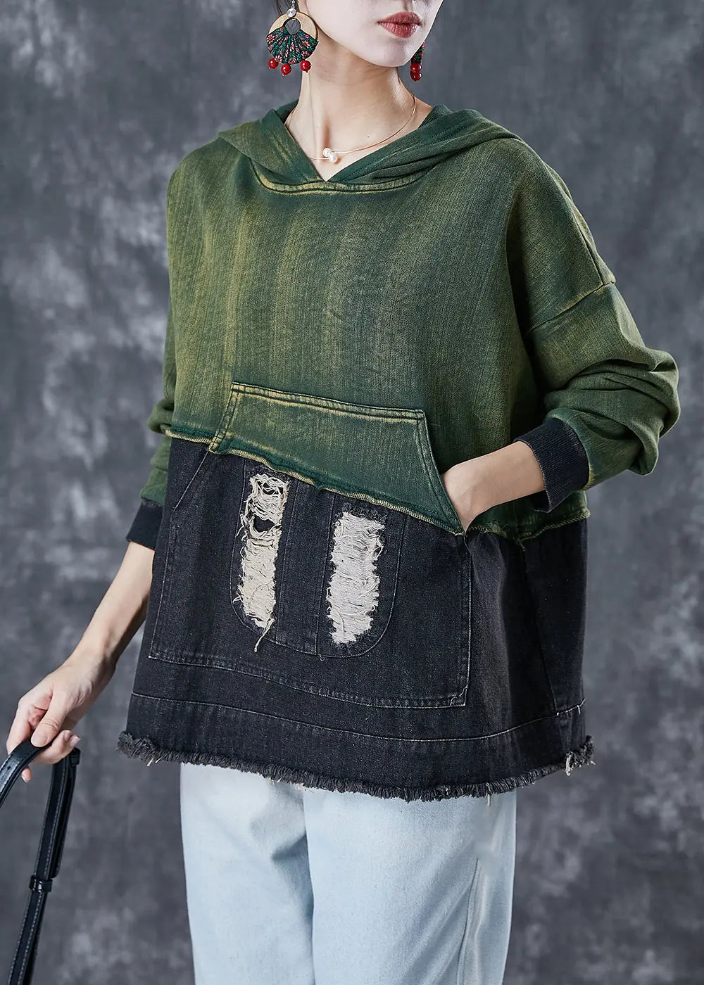 Hooded Cotton Ripped Sweatshirt Fall