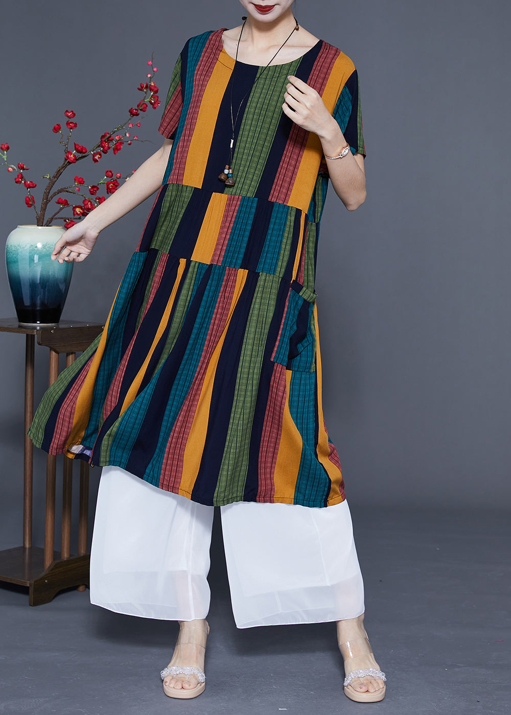 Art Colorblock Oversized Patchwork Striped Cotton Maxi Dresses Summer Lc0376