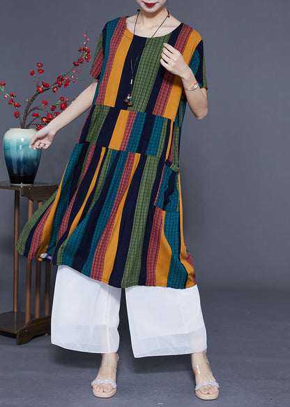 Art Colorblock Oversized Patchwork Striped Cotton Maxi Dresses Summer Lc0376