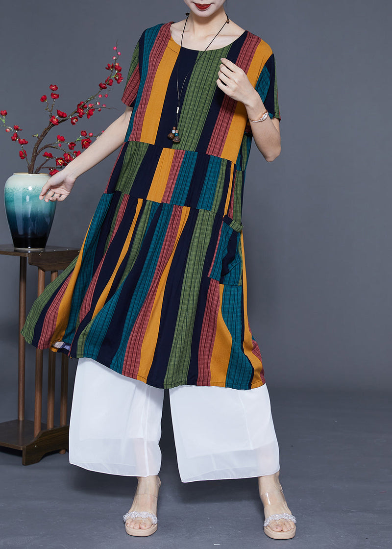 Art Colorblock Oversized Patchwork Striped Cotton Maxi Dresses Summer Lc0376