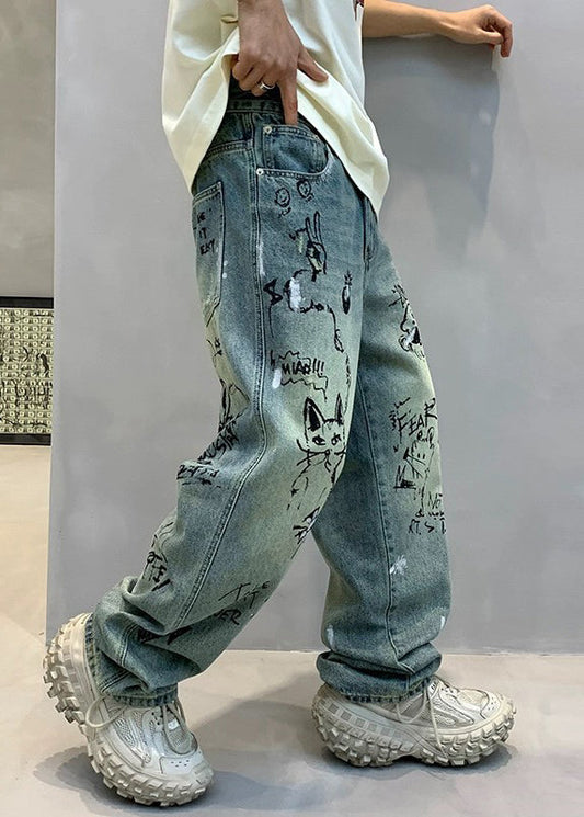 Art Denim Blue High Wais Print Pants F4213