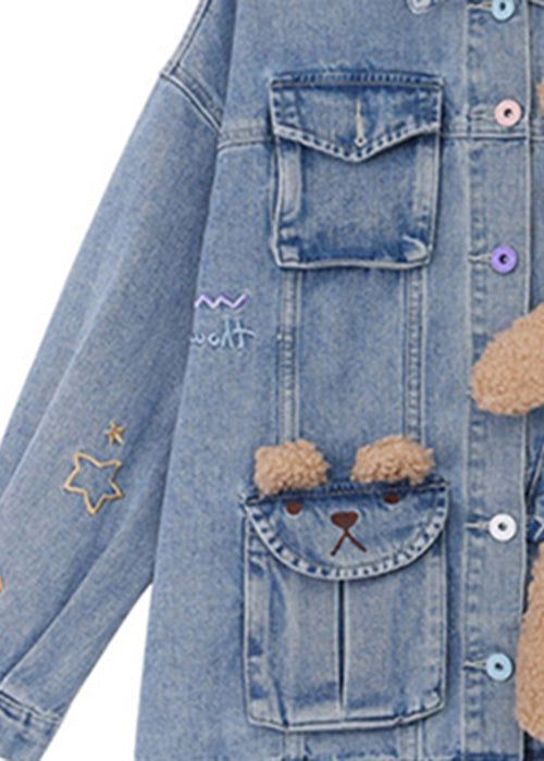 Art Denim Blue Peter Pan Collar Patchwork Little Bear Button Coats Fall Ty1054