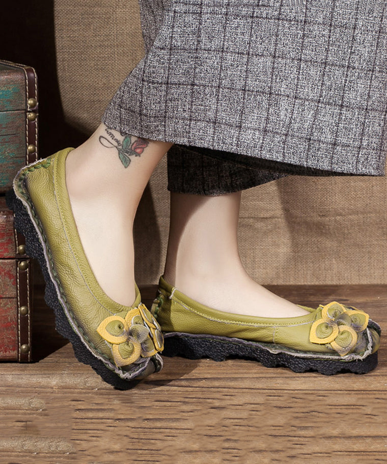Art Flower Flat Shoes Green Cowhide Leather Sl1013