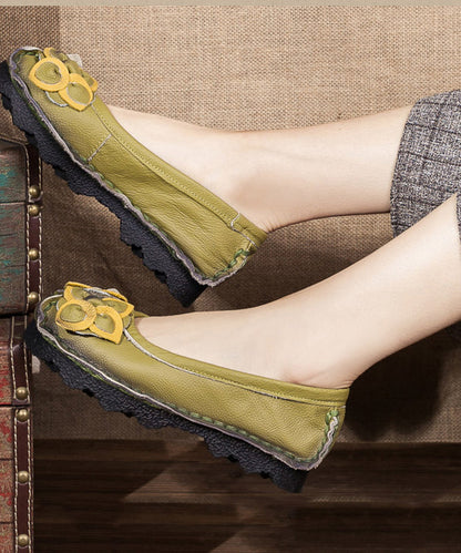Art Flower Flat Shoes Green Cowhide Leather Sl1013