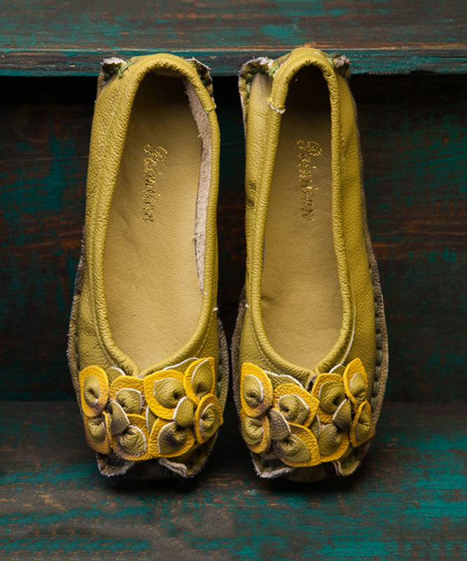 Art Flower Flat Shoes Green Cowhide Leather Sl1013