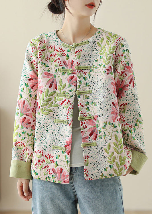 Art Green Embroidered Button Cotton Coats Fall Qg034