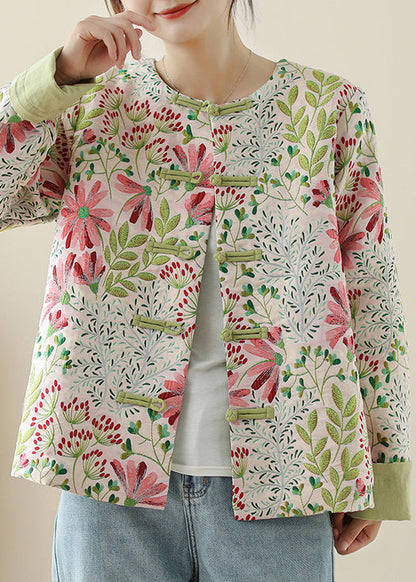 Art Green Embroidered Button Cotton Coats Fall Qg034
