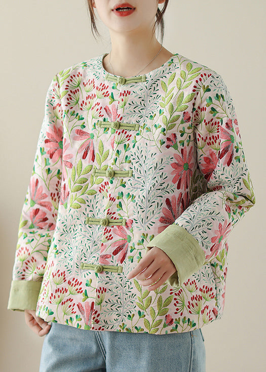 Art Green Embroidered Button Cotton Coats Fall Qg034