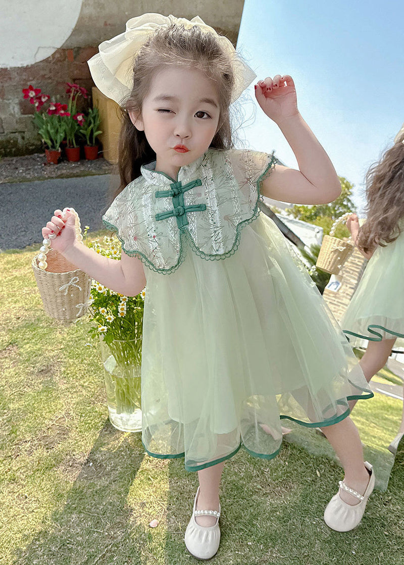 Art Green Embroideried Patchwork Button Tulle Vacation Maxi Dresses Summer Mn006