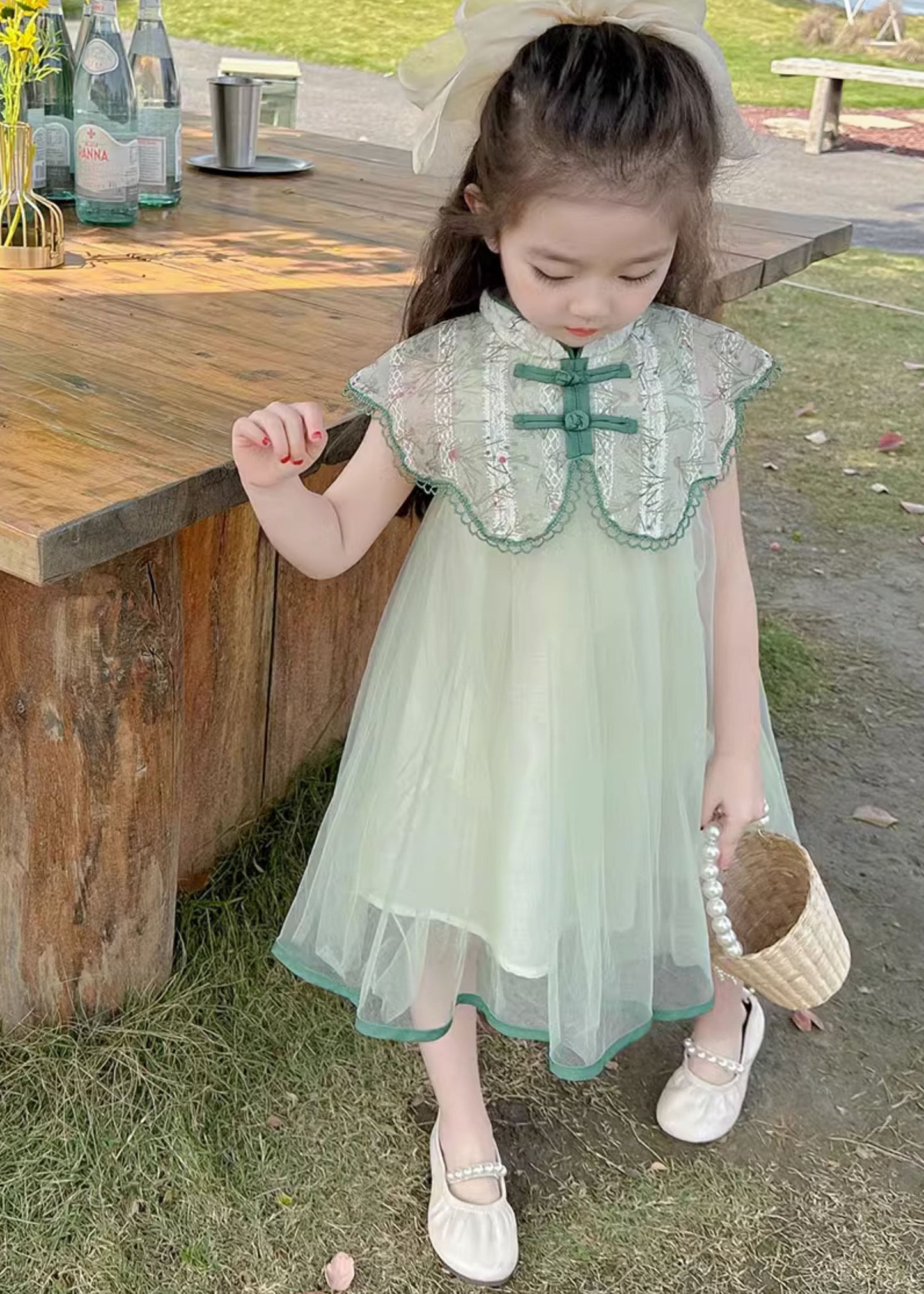 Art Green Embroideried Patchwork Button Tulle Vacation Maxi Dresses Summer Mn006