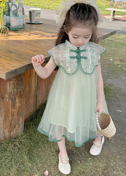 Art Green Embroideried Patchwork Button Tulle Vacation Maxi Dresses Summer Mn006