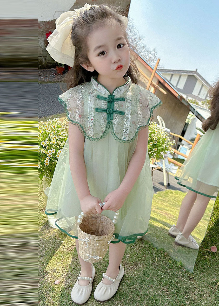 Art Green Embroideried Patchwork Button Tulle Vacation Maxi Dresses Summer Mn006