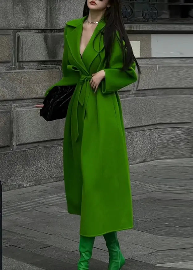 Tie Waist Patchwork Woolen Coat Winter