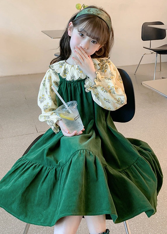 Art Green Shirts and Long Dress Kids Two Pieces Set Spring Ye029