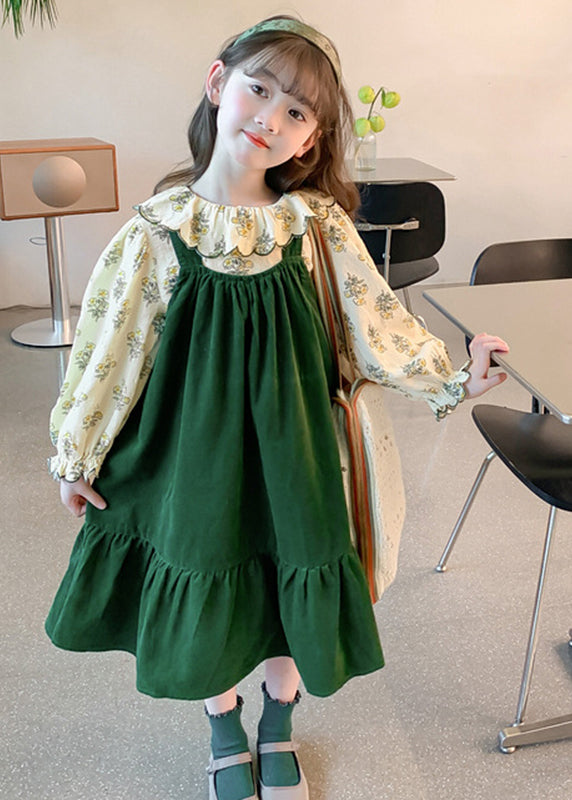 Art Green Shirts and Long Dress Kids Two Pieces Set Spring Ye029
