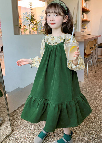 Art Green Shirts and Long Dress Kids Two Pieces Set Spring Ye029