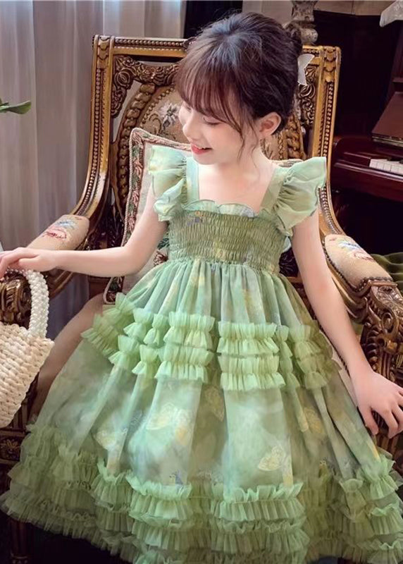 Art Green Square Collar Print Wrinkled Tulle Long Dress Sleeveless Ew023