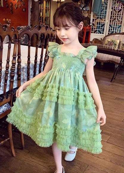 Art Green Square Collar Print Wrinkled Tulle Long Dress Sleeveless Ew023