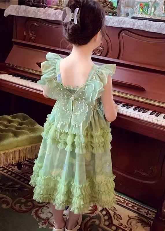 Art Green Square Collar Print Wrinkled Tulle Long Dress Sleeveless Ew023