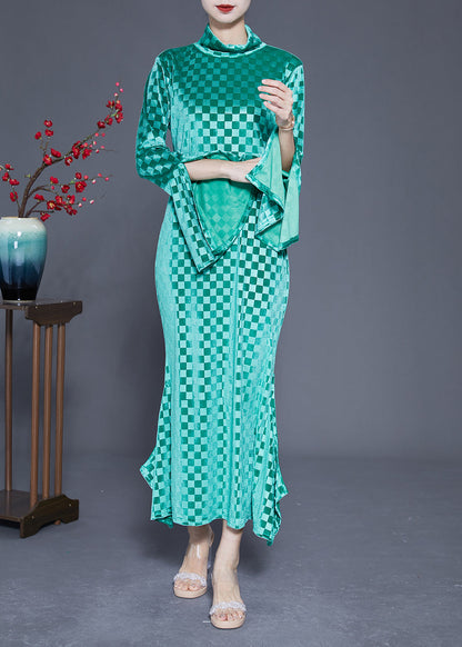 Art Green Stand Collar Plaid Side Open Silk Velour Long Dress Flare Sleeve Ly1841