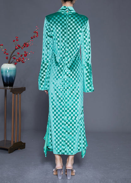 Art Green Stand Collar Plaid Side Open Silk Velour Long Dress Flare Sleeve Ly1841