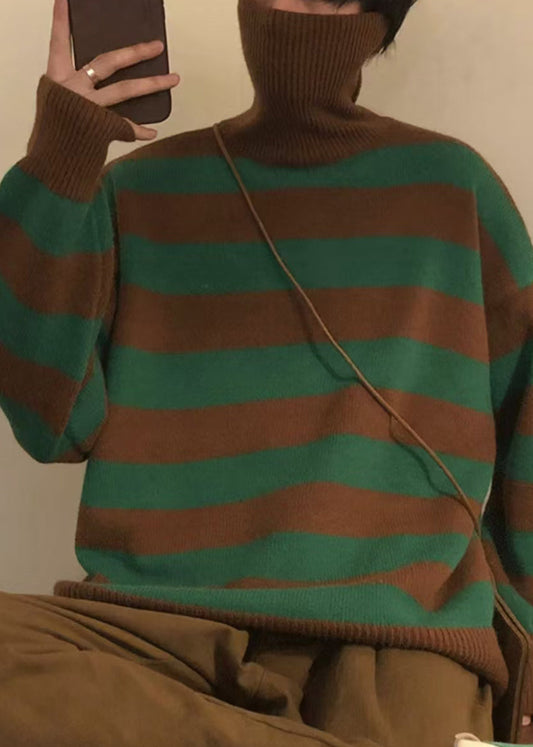 Art Green Striped Turtleneck Knit Sweaters Winter Rj051
