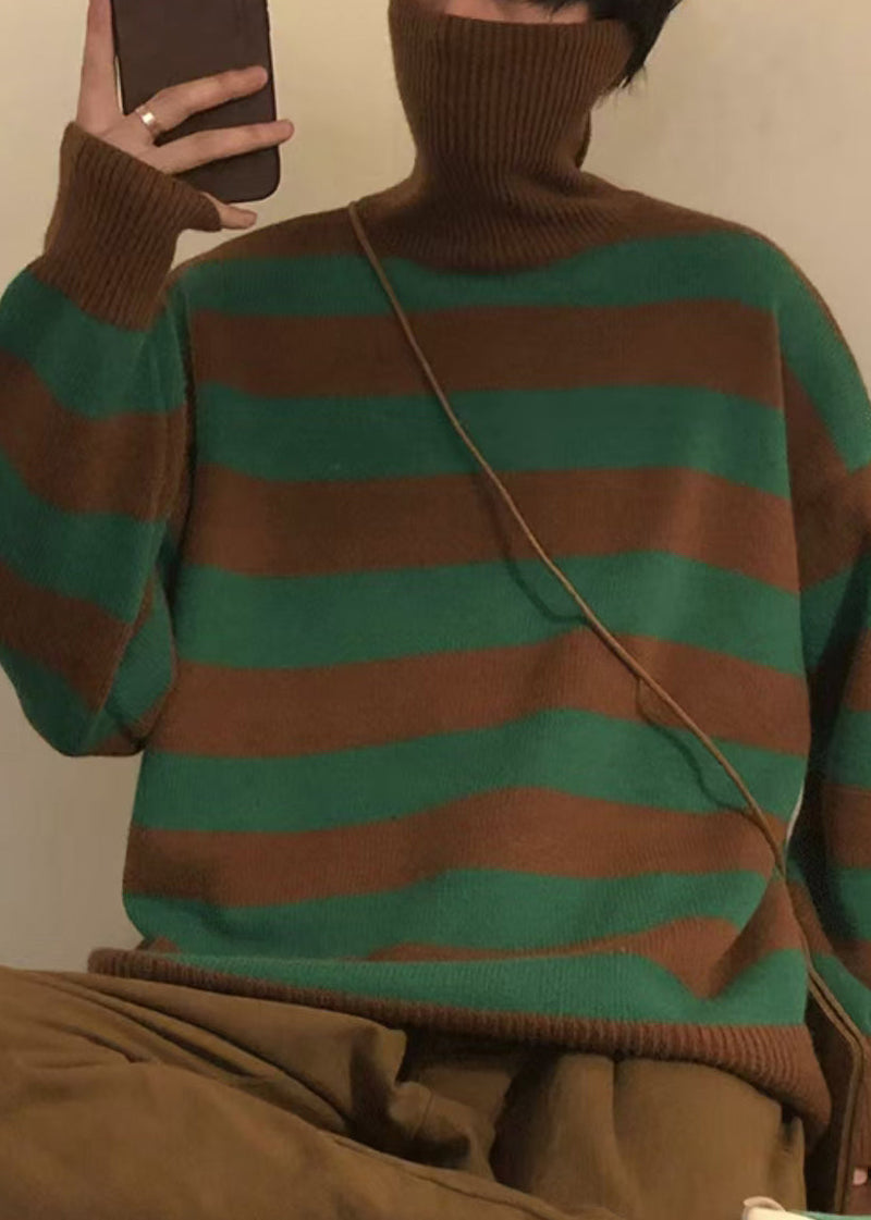 Art Green Striped Turtleneck Knit Sweaters Winter Rj051