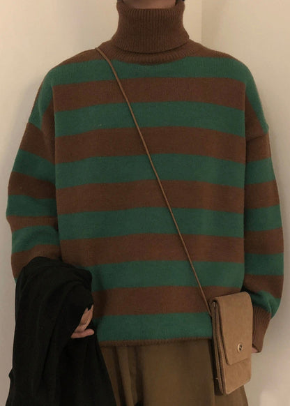 Art Green Striped Turtleneck Knit Sweaters Winter Rj051