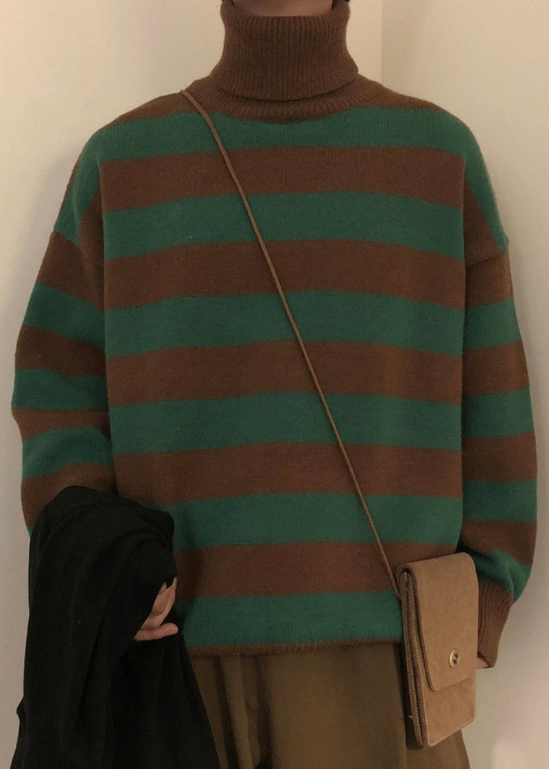 Art Green Striped Turtleneck Knit Sweaters Winter Rj051