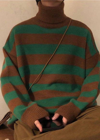 Art Green Striped Turtleneck Knit Sweaters Winter Rj051